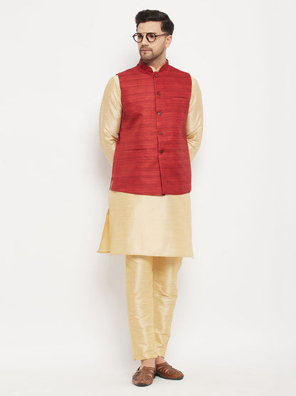 Vastramay mens maroon matka silk nehru jacket with gold silk blend kurta and pant style pyjama set