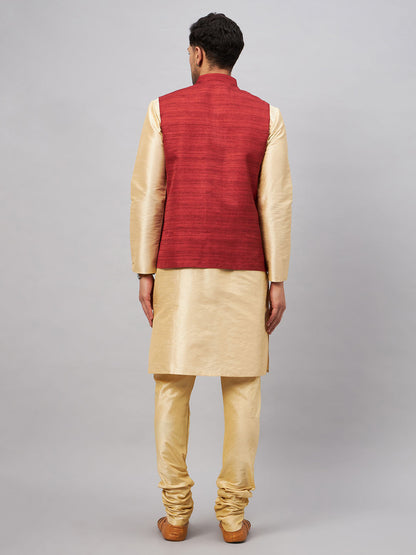 VASTRAMAY Men's Maroon Jacket With Gold Kurta And Pyjama Set