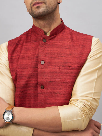 VASTRAMAY Men's Maroon Jacket With Gold Kurta And Pyjama Set