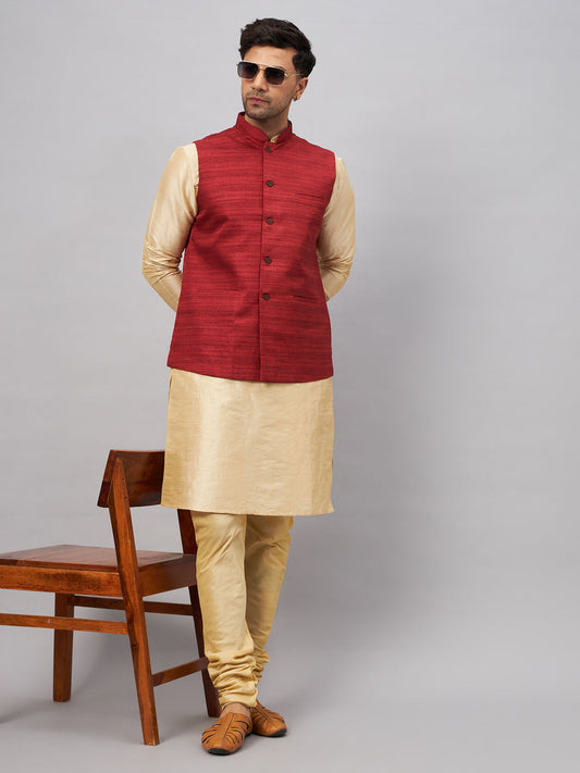 VM BY VASTRAMAY Men's Maroon Jacket With Gold Kurta And Pyjama Set