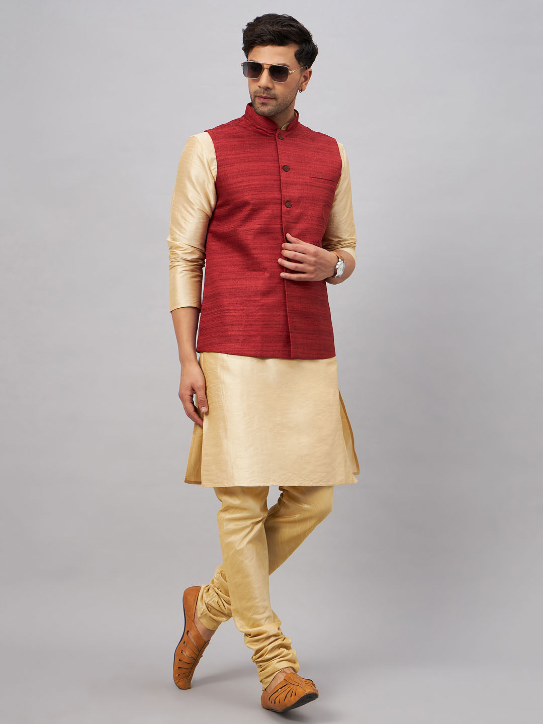 VASTRAMAY Men's Maroon Jacket With Gold Kurta And Pyjama Set