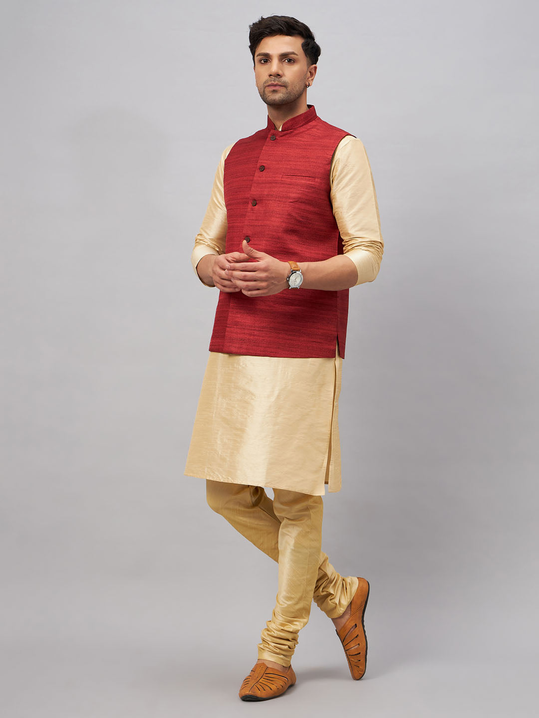 VASTRAMAY Men's Maroon Jacket With Gold Kurta And Pyjama Set