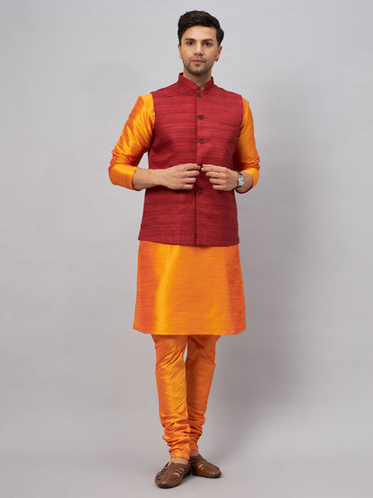 VASTRAMAY Men's Maroon Jacket With Orange Kurta And Pyjama Set