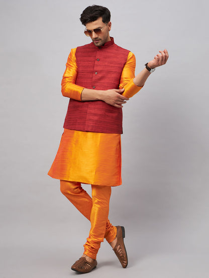 VASTRAMAY Men's Maroon Jacket With Orange Kurta And Pyjama Set