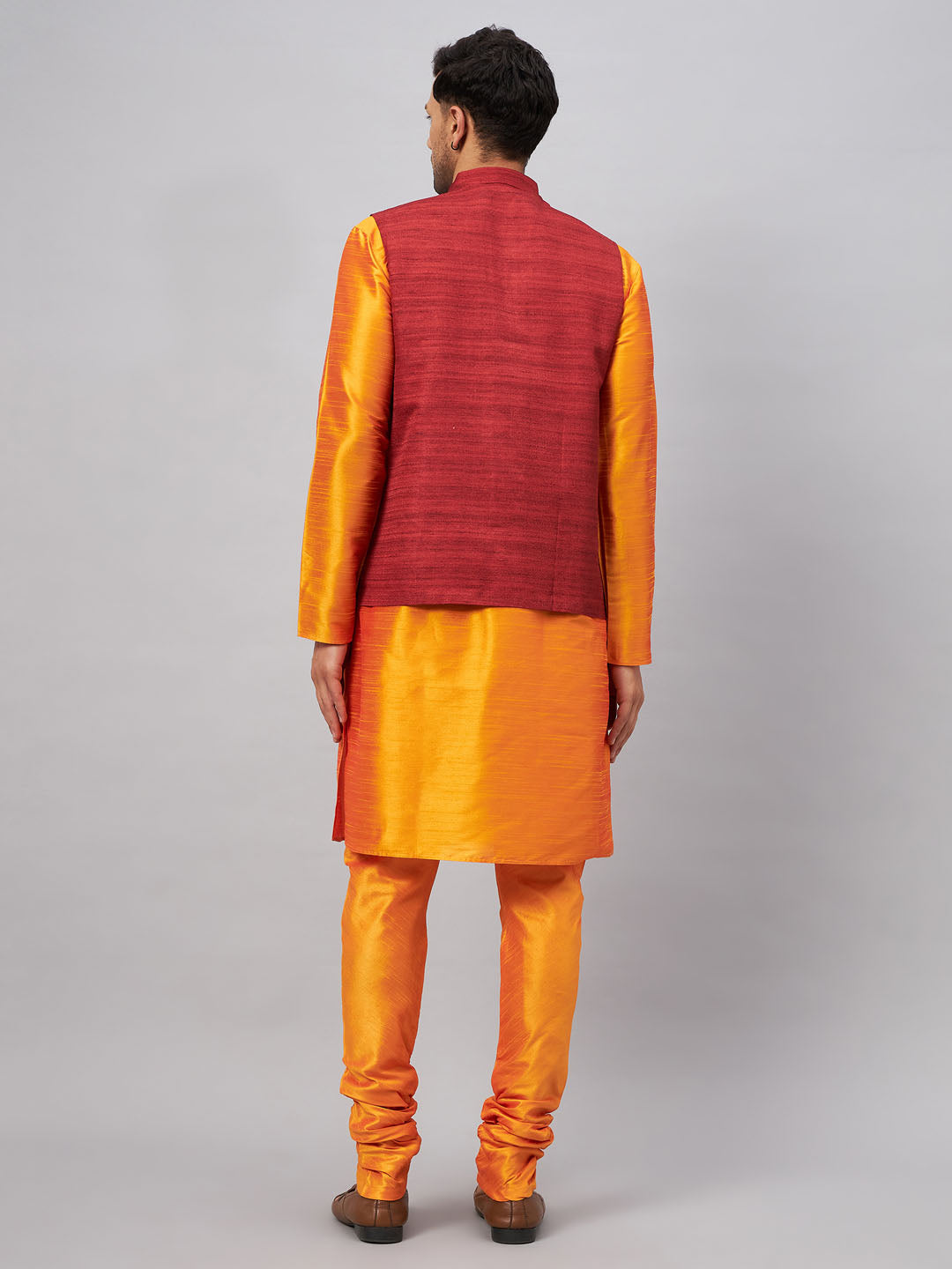 VASTRAMAY Men's Maroon Jacket With Orange Kurta And Pyjama Set