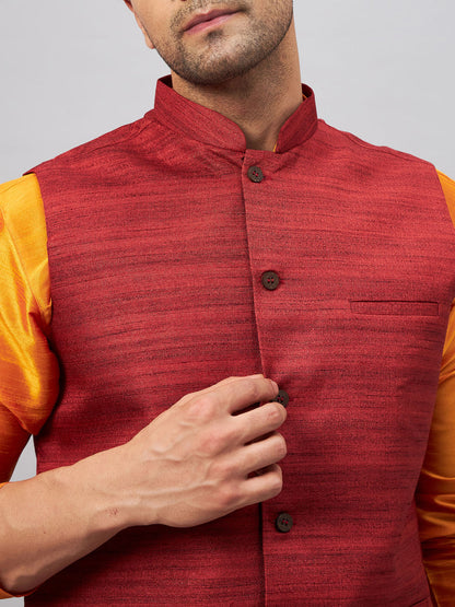 VASTRAMAY Men's Maroon Jacket With Orange Kurta And Pyjama Set