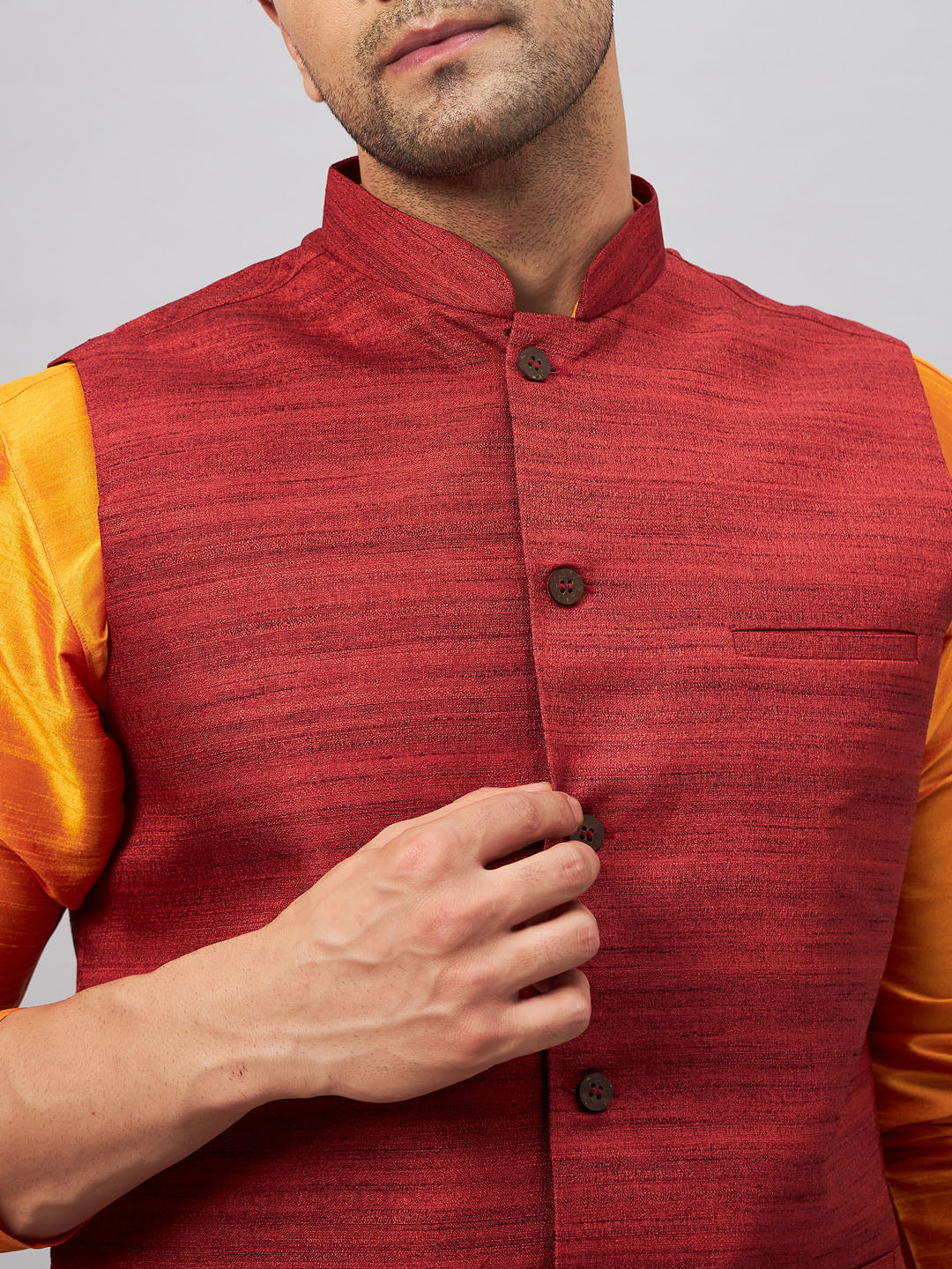 Vastramay Men's Maroon Jacket With Orange Kurta And Pyjama Set