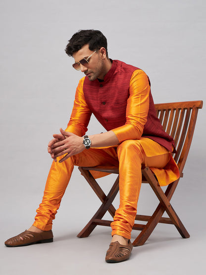 VASTRAMAY Men's Maroon Jacket With Orange Kurta And Pyjama Set