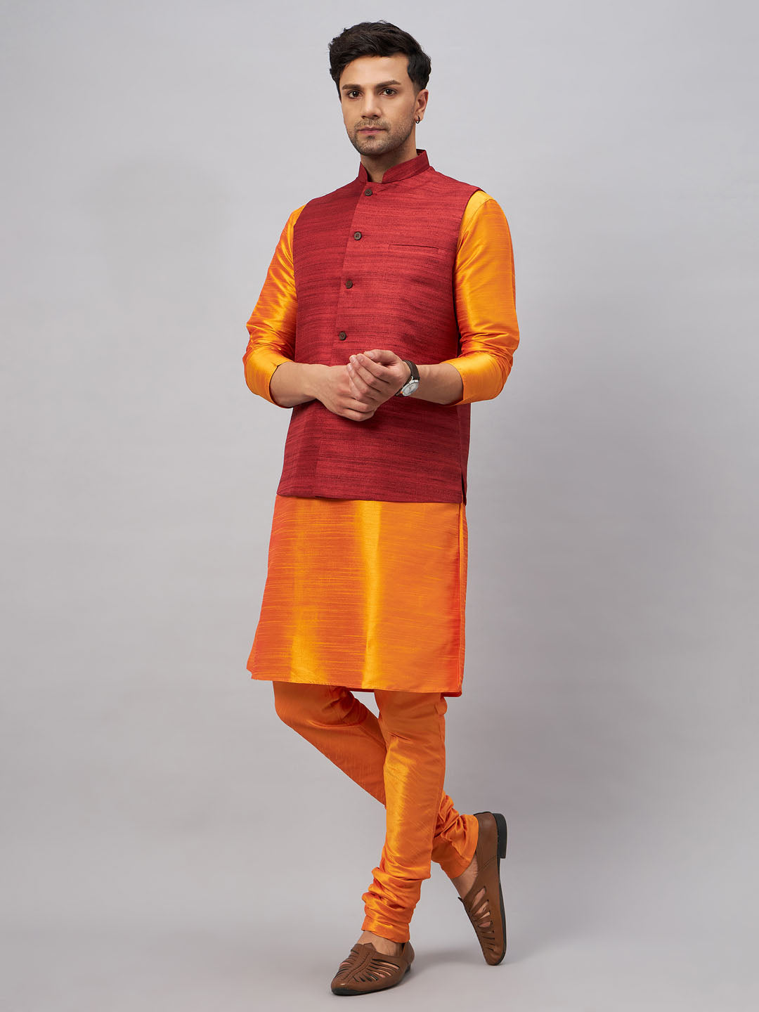 VASTRAMAY Men's Maroon Jacket With Orange Kurta And Pyjama Set