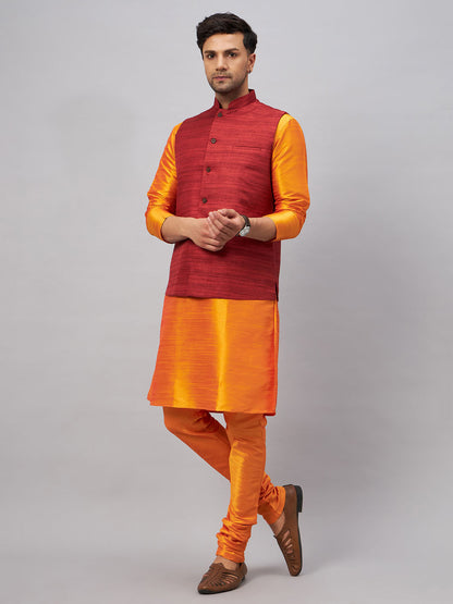 Vastramay Men's Maroon Jacket With Orange Kurta And Pyjama Set