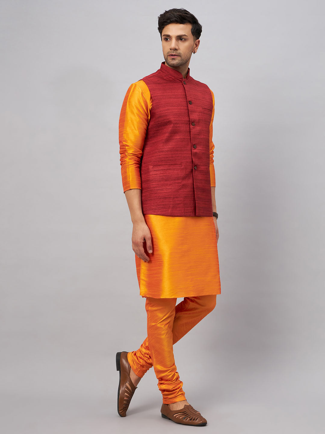 VASTRAMAY Men's Maroon Jacket With Orange Kurta And Pyjama Set