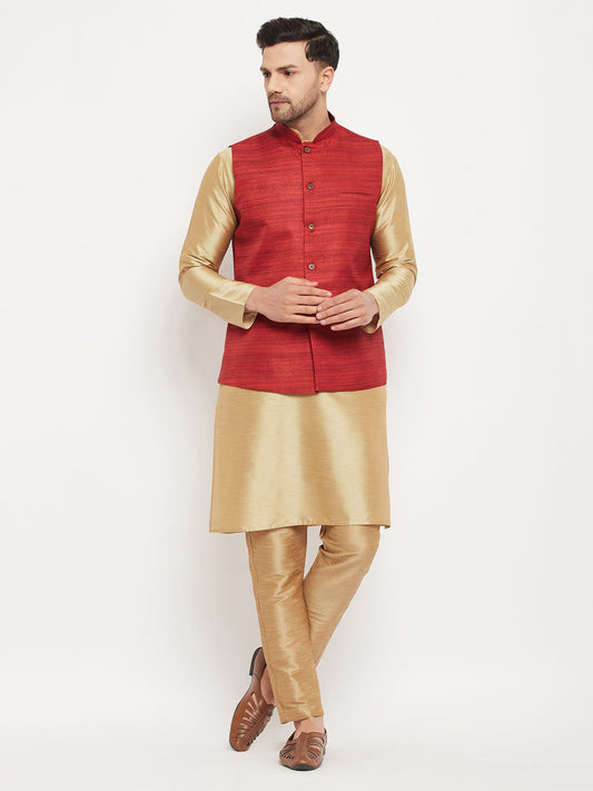 Vastramay mens maroon matka silk nehru jacket with rose gold silk blend kurta and pant style pyjama set