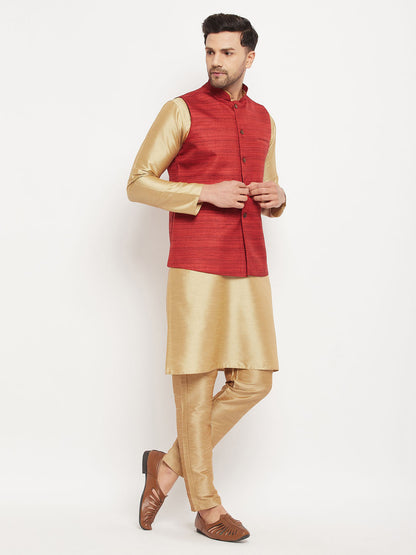 Vastramay mens maroon matka silk nehru jacket with rose gold silk blend kurta and pant style pyjama set