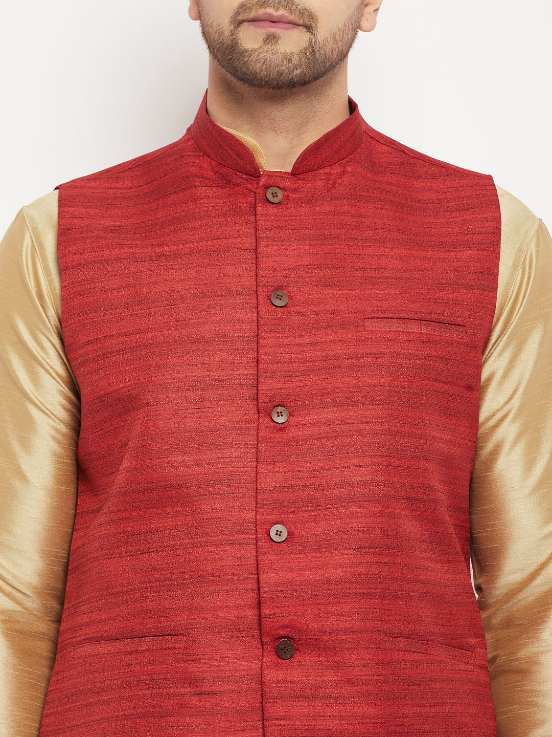 Vastramay mens maroon matka silk nehru jacket with rose gold silk blend kurta and pant style pyjama set