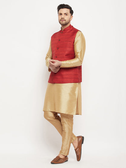 Vastramay mens maroon matka silk nehru jacket with rose gold silk blend kurta and pant style pyjama set