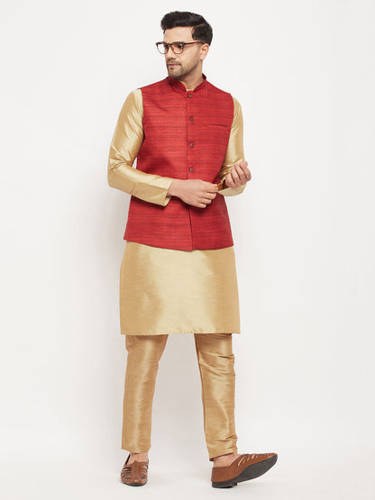 Vastramay mens maroon matka silk nehru jacket with rose gold silk blend kurta and pant style pyjama set