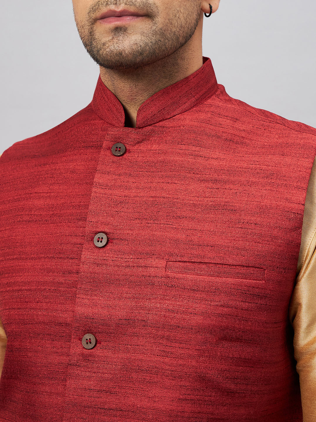 VASTRAMAY Men's Maroon Jacket With Rose Gold Kurta And Pyjama Set