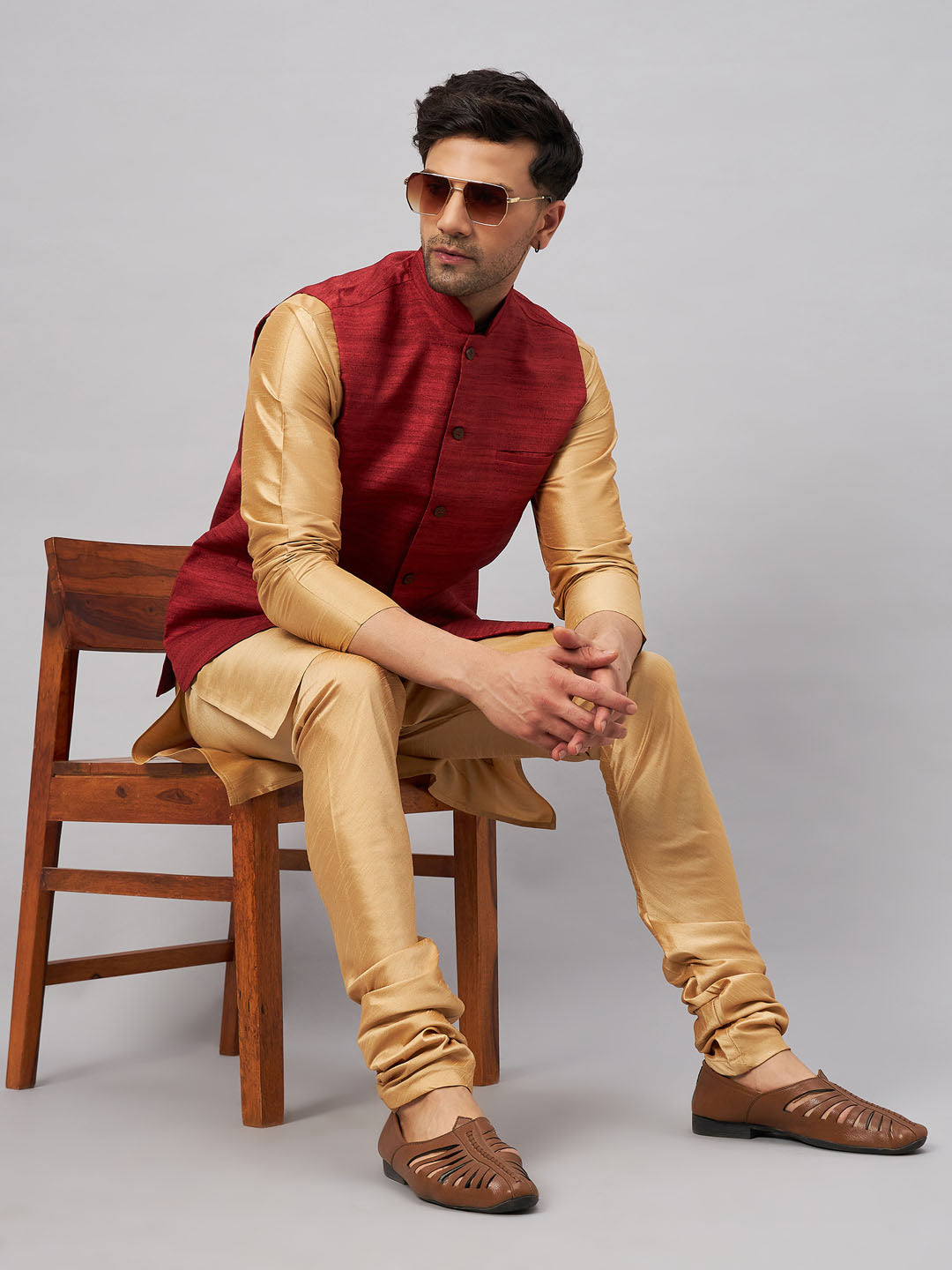 VASTRAMAY Men's Maroon Jacket With Rose Gold Kurta And Pyjama Set