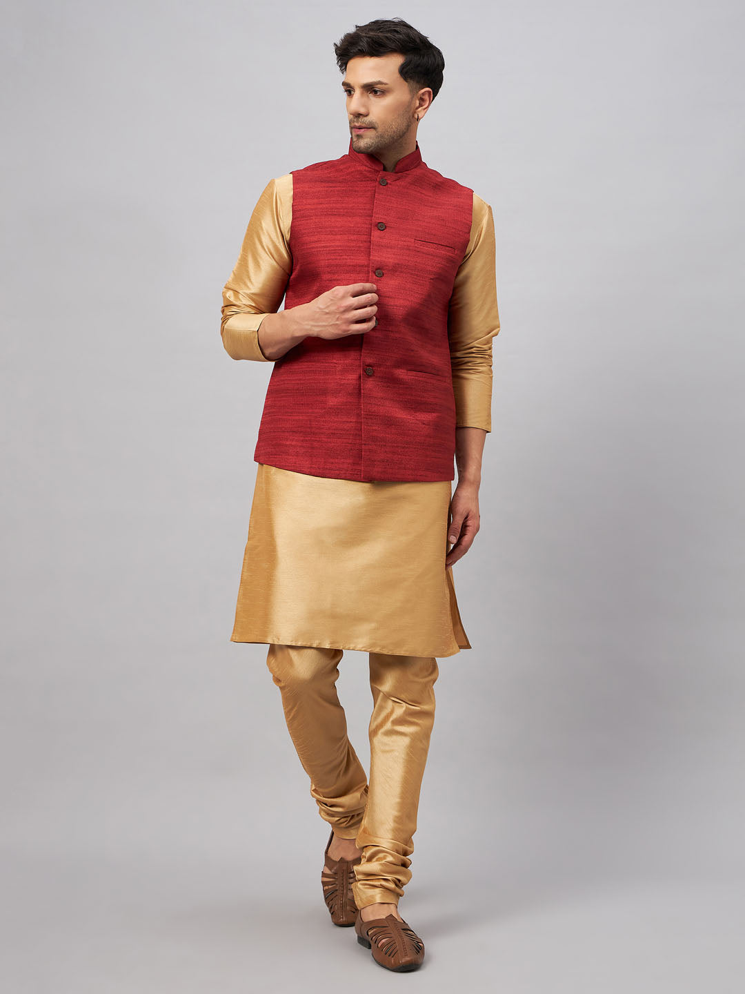 VASTRAMAY Men's Maroon Jacket With Rose Gold Kurta And Pyjama Set