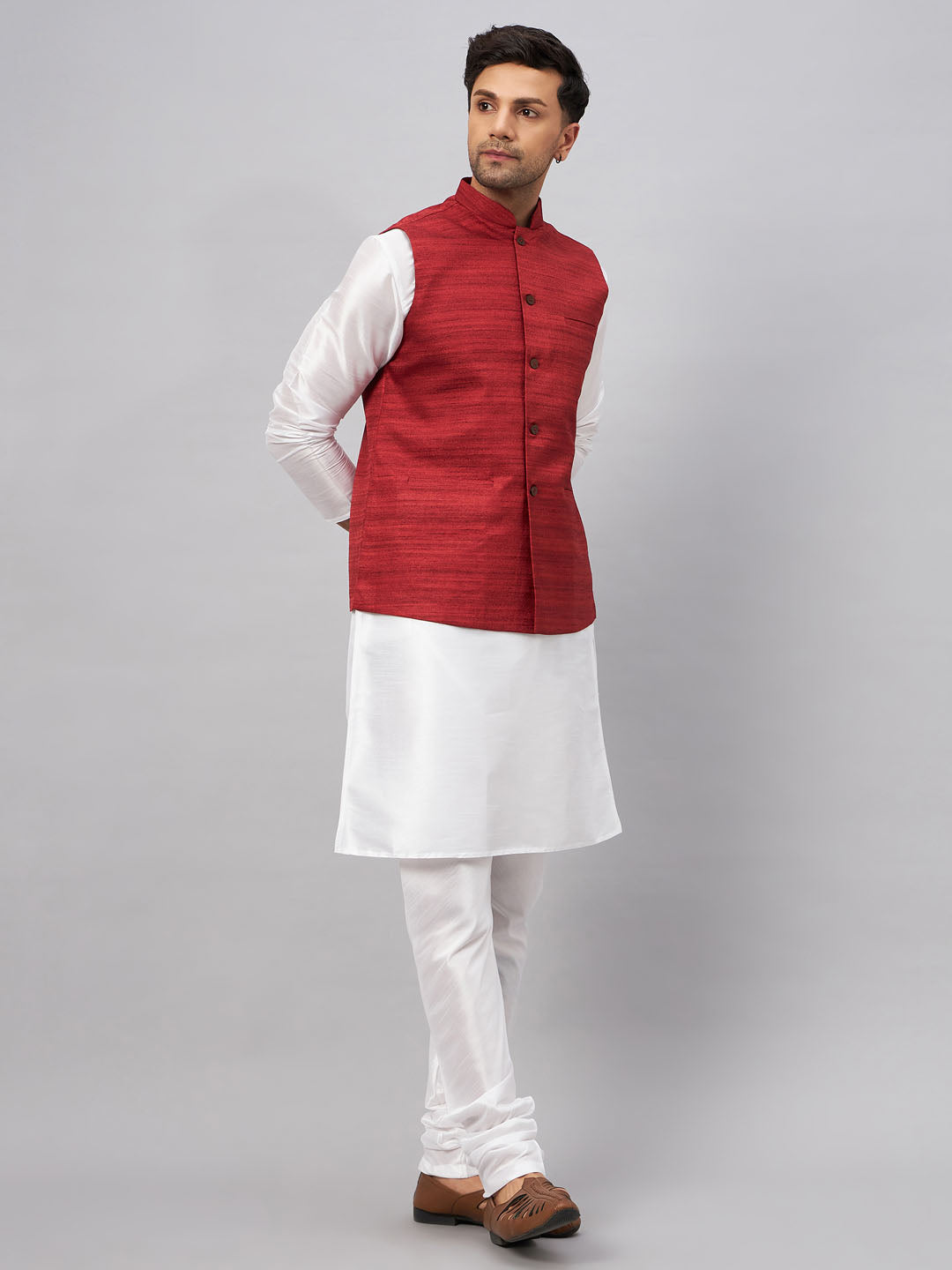 VASTRAMAY Men's Maroon Matka Silk Nehru Jacket With White Silk Blend Kurta Pyjama Set