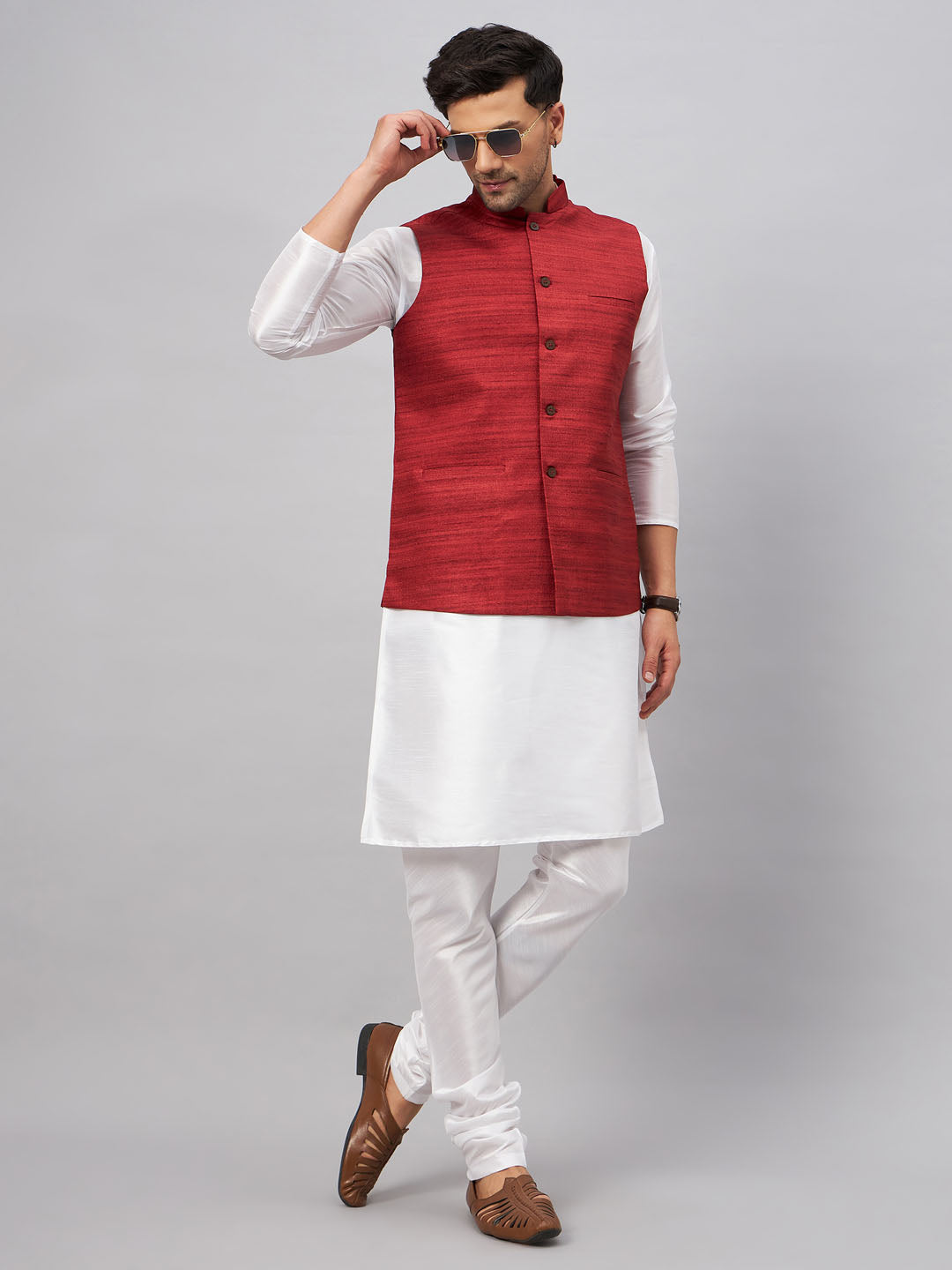 VASTRAMAY Men's Maroon Matka Silk Nehru Jacket With White Silk Blend Kurta Pyjama Set