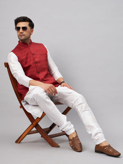 VM BY VASTRAMAY Men's Maroon Matka Silk Nehru Jacket With White Silk Blend Kurta Pyjama Set