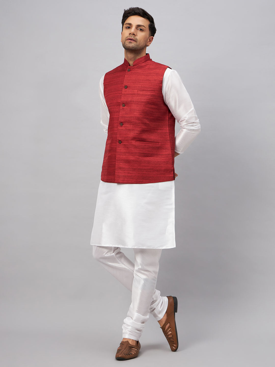 VASTRAMAY Men's Maroon Matka Silk Nehru Jacket With White Silk Blend Kurta Pyjama Set