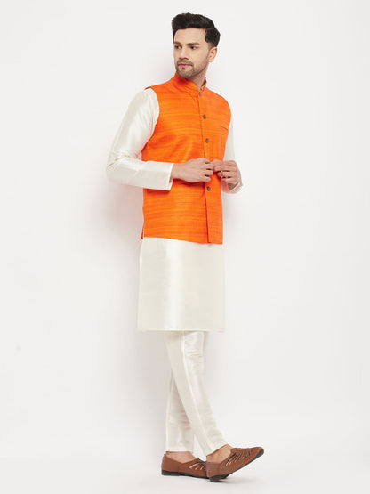 VASTRAMAY Men's Orange Matka Silk Nehru Jacket With Kurta and Pant style Pyjama Set