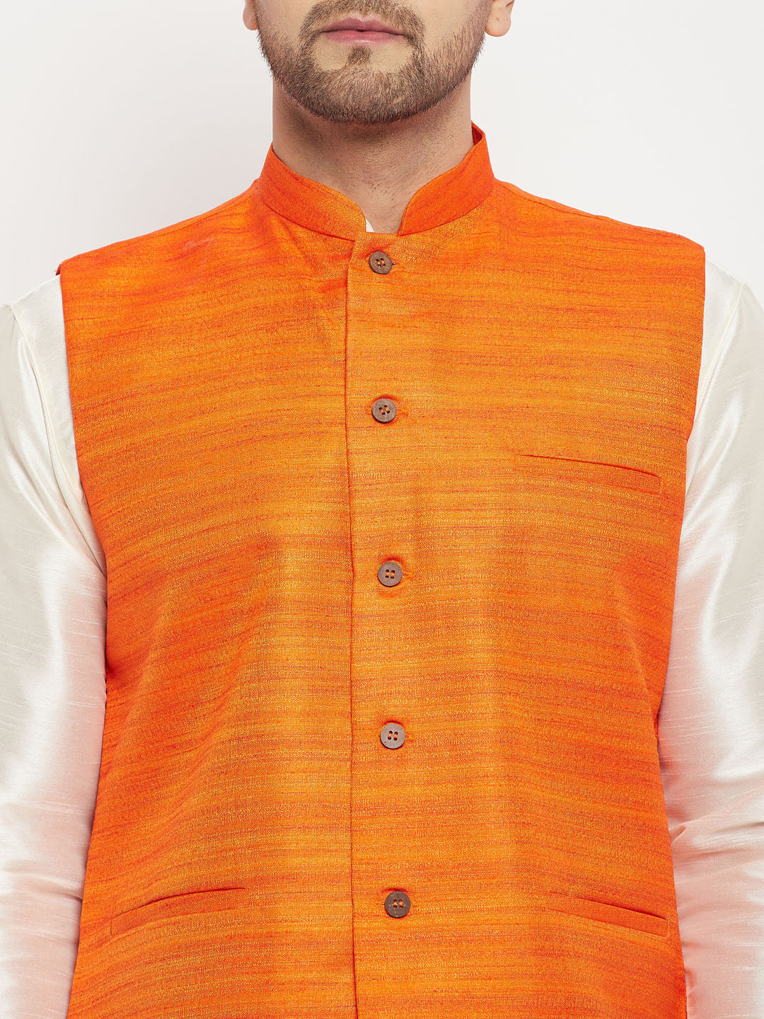 vm by vastramay mens orange matka silk nehru jacket with kurta and pant style pyjama set