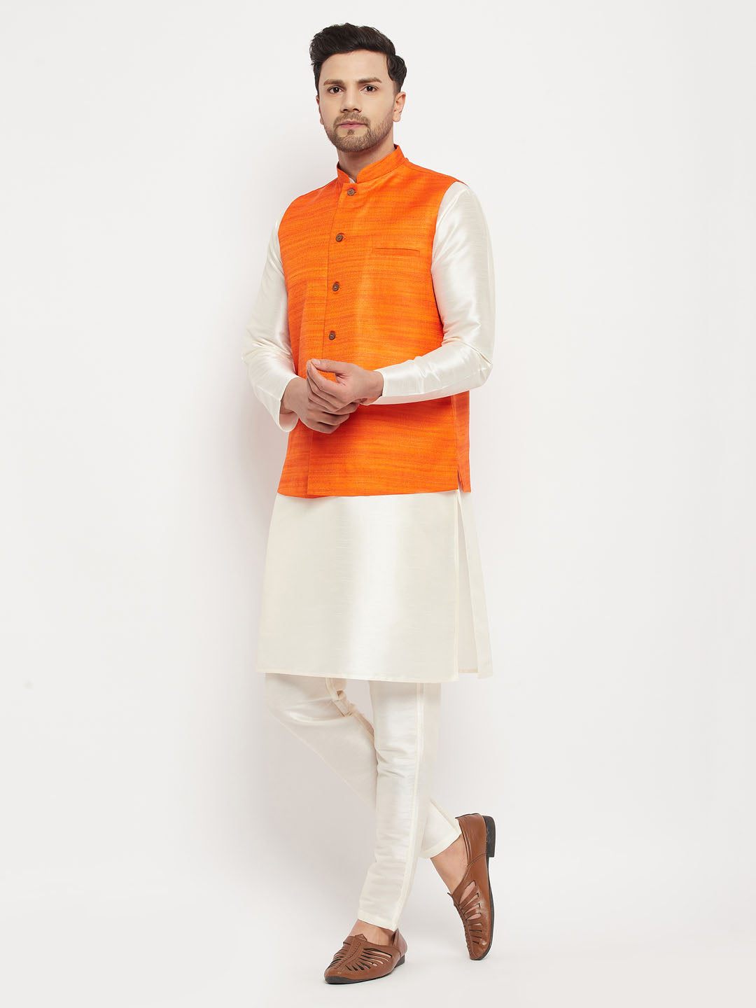 vm by vastramay mens orange matka silk nehru jacket with kurta and pant style pyjama set