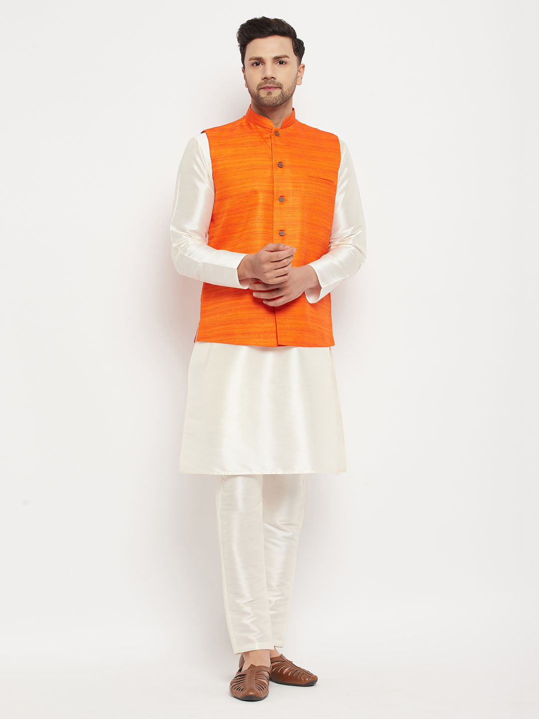 vm by vastramay mens orange matka silk nehru jacket with kurta and pant style pyjama set