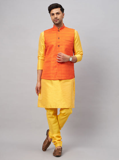 VASTRAMAY Men's Orange Jacket With Yellow Kurta And Pyjama Set