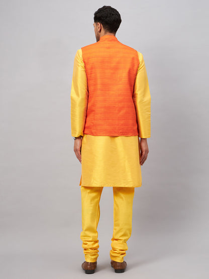 VASTRAMAY Men's Orange Jacket With Yellow Kurta And Pyjama Set