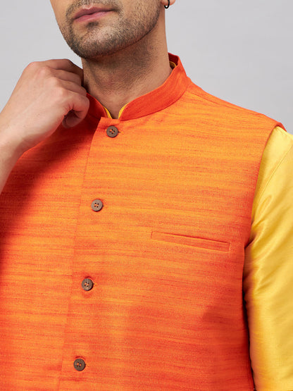 VASTRAMAY Men's Orange Jacket With Yellow Kurta And Pyjama Set