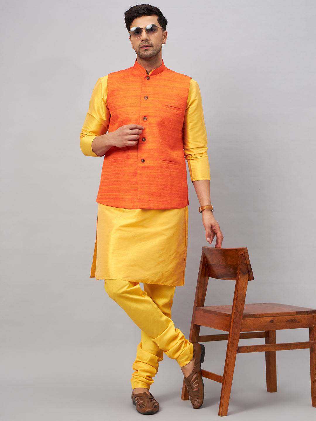 VASTRAMAY Men's Orange Jacket With Yellow Kurta And Pyjama Set