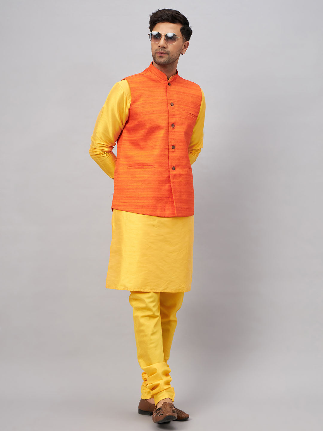 VASTRAMAY Men's Orange Jacket With Yellow Kurta And Pyjama Set