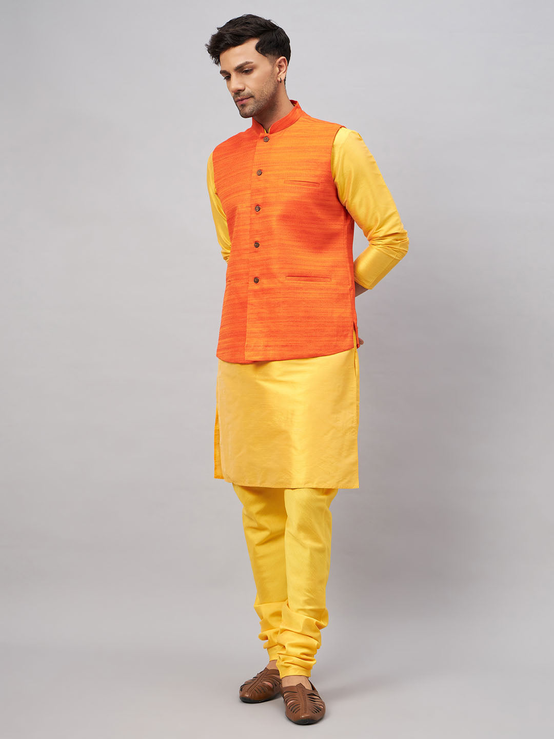 VASTRAMAY Men's Orange Jacket With Yellow Kurta And Pyjama Set