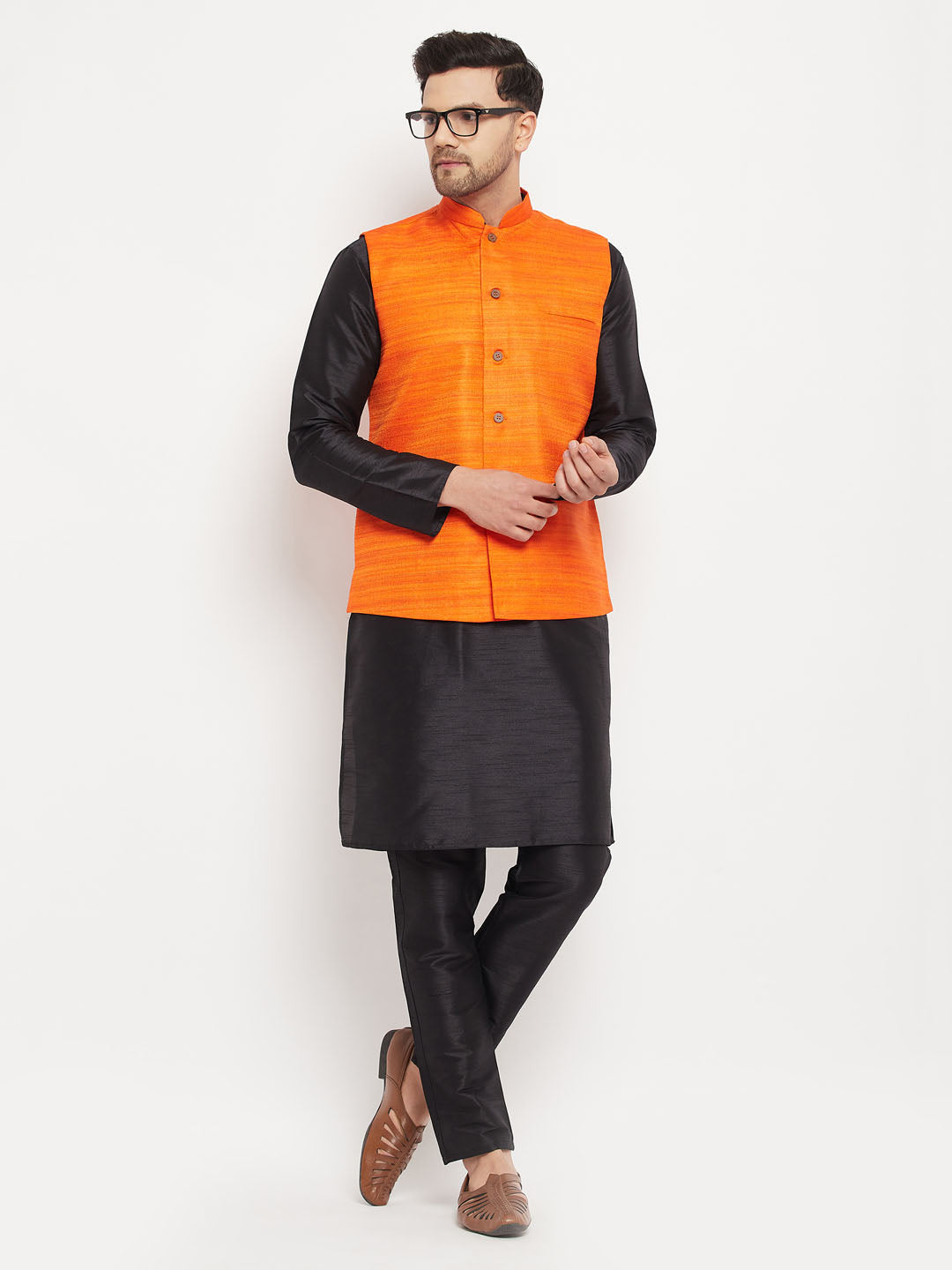 Vastramay mens orange matka silk nehru jacket with black silk blend kurta and pant style pyjama set