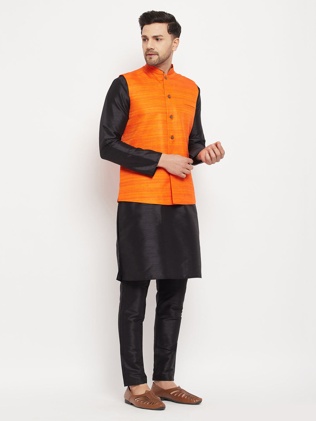 Vastramay mens orange matka silk nehru jacket with black silk blend kurta and pant style pyjama set