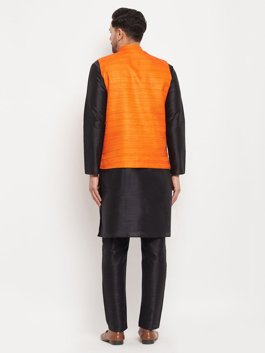 Vastramay mens orange matka silk nehru jacket with black silk blend kurta and pant style pyjama set