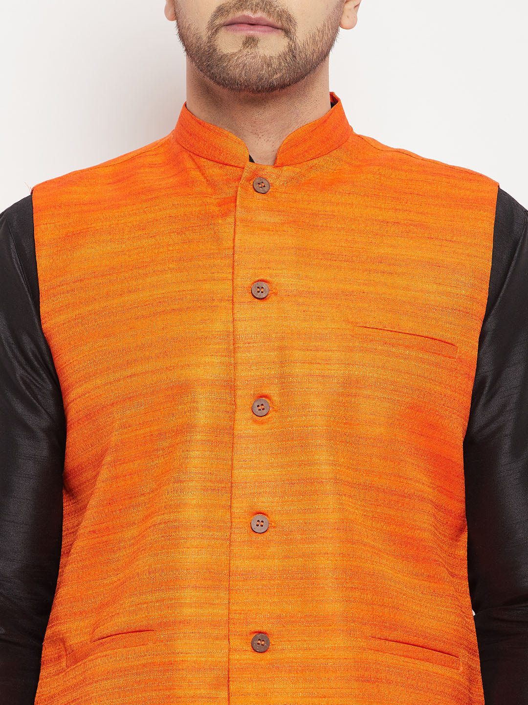 Vastramay mens orange matka silk nehru jacket with black silk blend kurta and pant style pyjama set