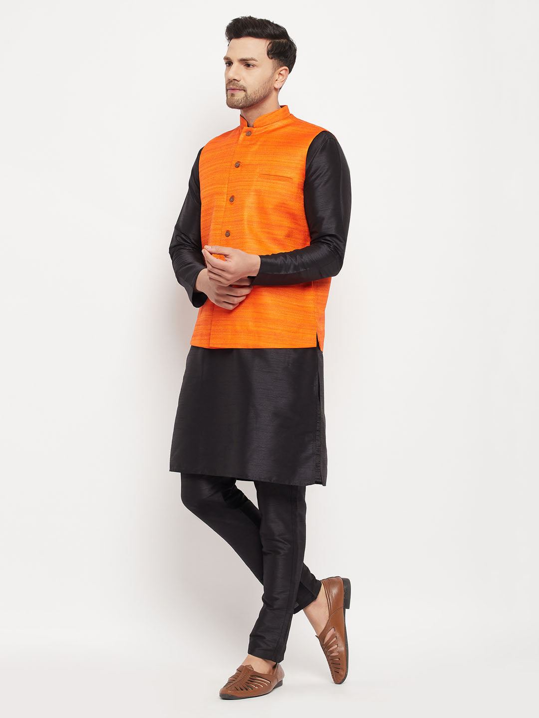 Vastramay mens orange matka silk nehru jacket with black silk blend kurta and pant style pyjama set