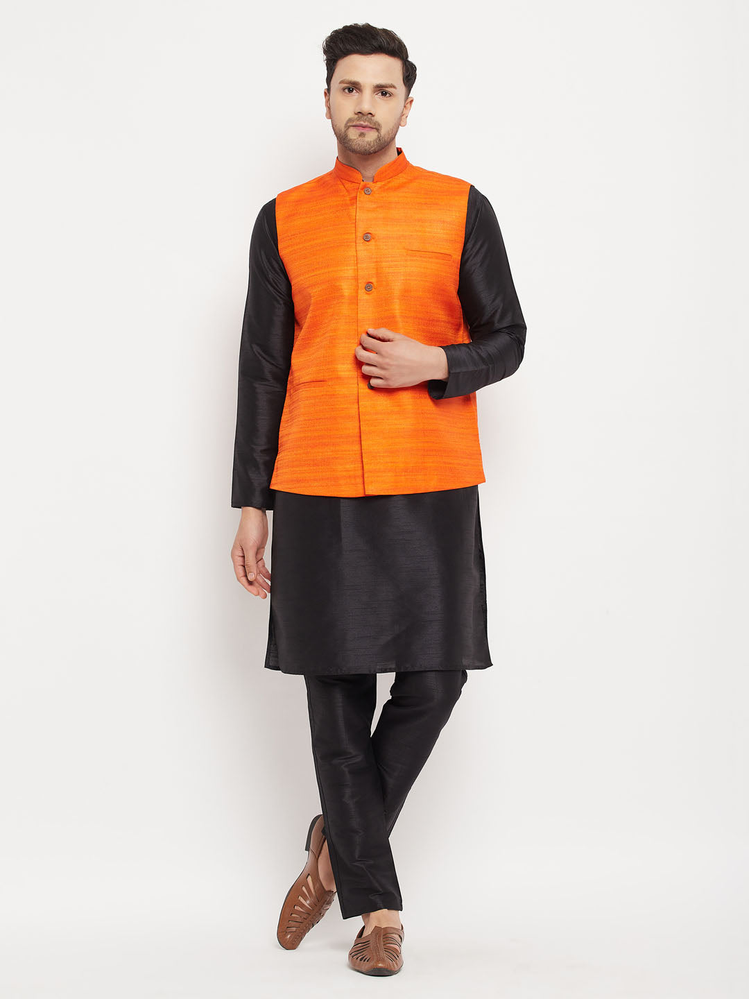 Vastramay mens orange matka silk nehru jacket with black silk blend kurta and pant style pyjama set