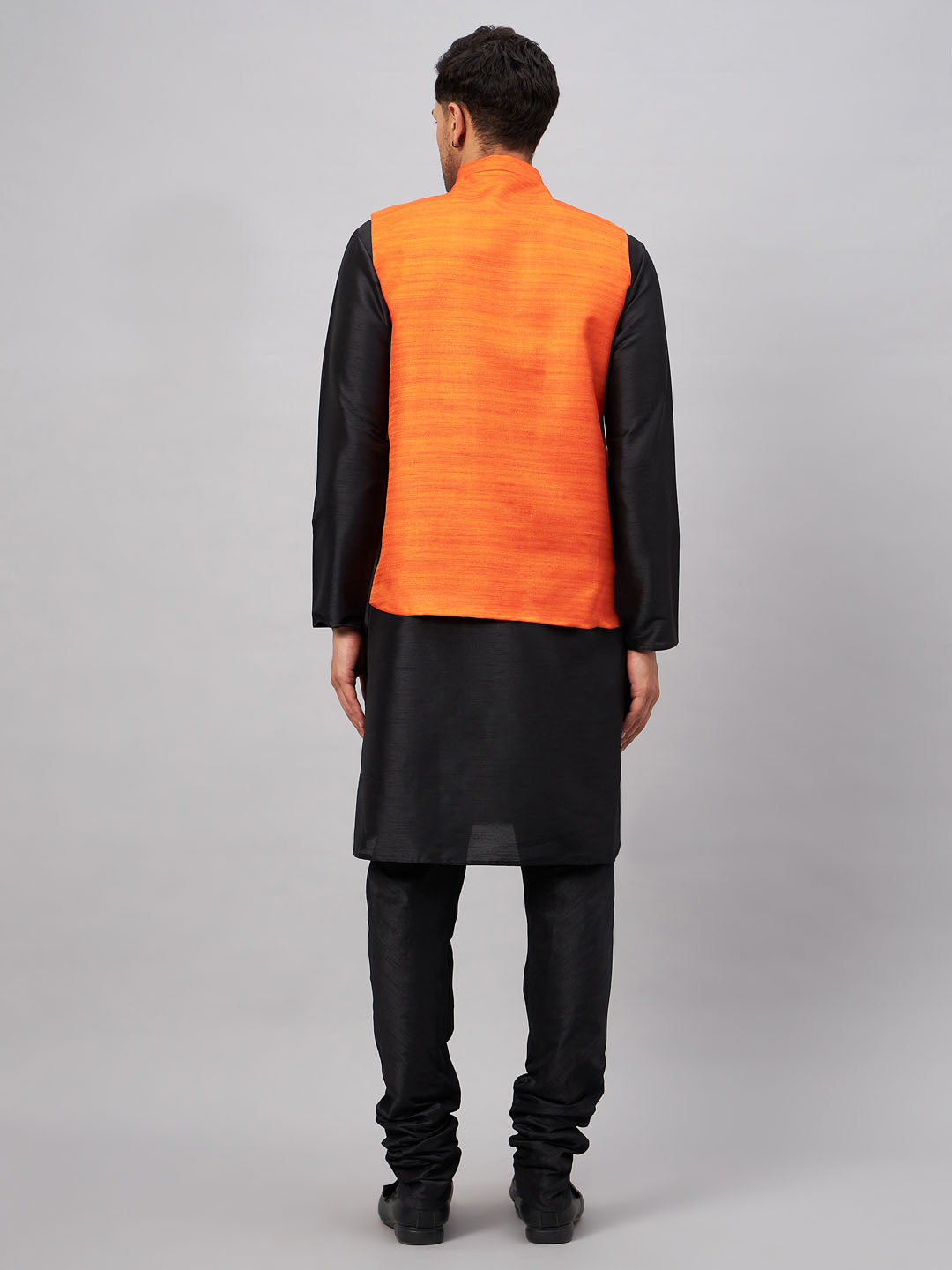 VASTRAMAY Men's Orange Jacket With Black Solid Silk Blend Kurta and Pyjama Set