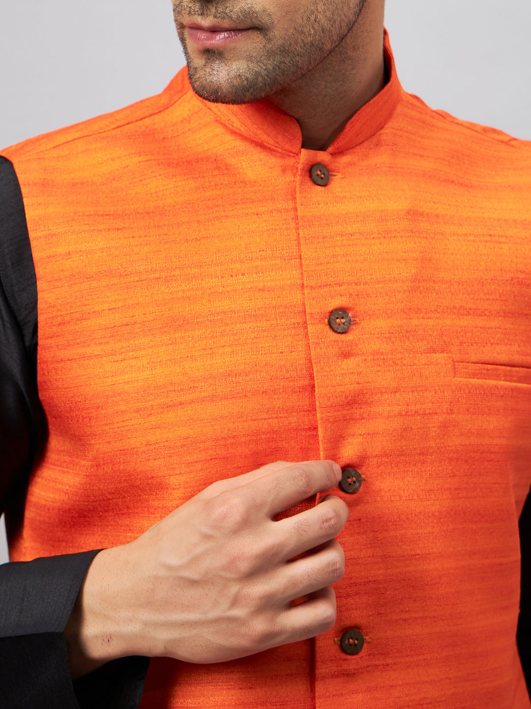 VASTRAMAY Men's Orange Jacket With Black Solid Silk Blend Kurta and Pyjama Set