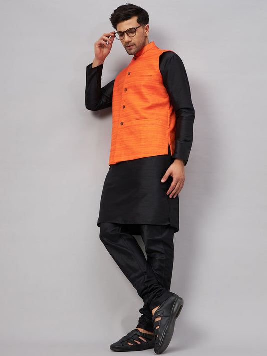 VM By VASTRAMAY Men's Orange Jacket With Black Solid Silk Blend Kurta and Pyjama Set