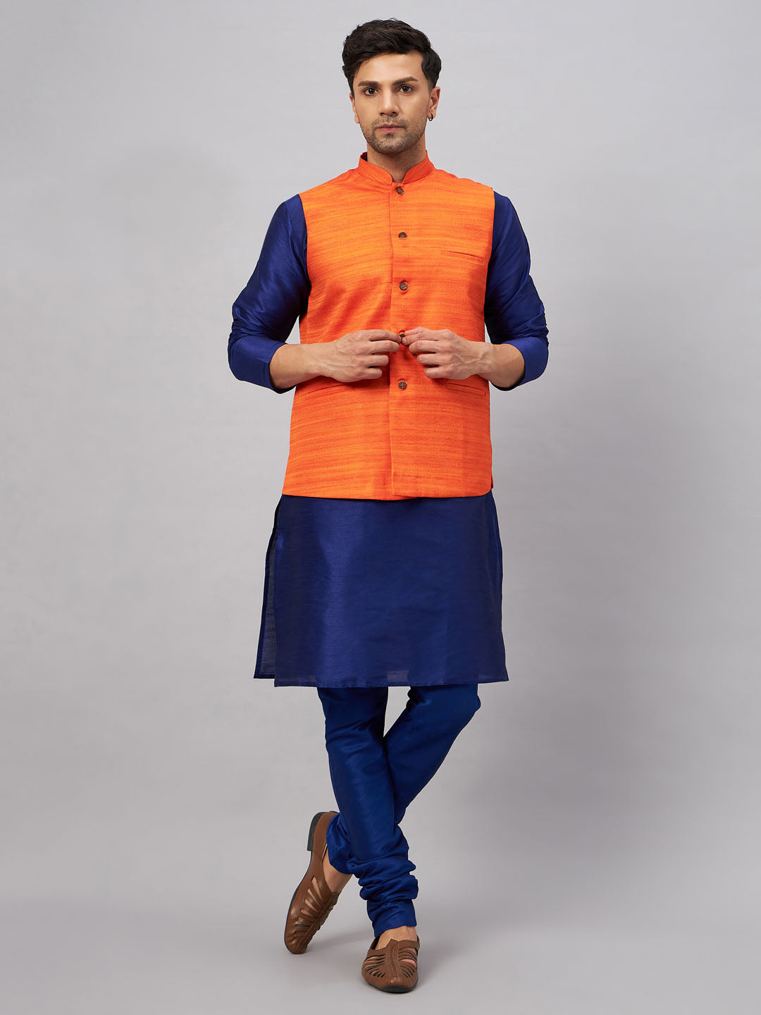 VASTRAMAY Men's Orange Jacket With Blue Solid Silk Blend Kurta and Pyjama Set