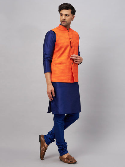 VASTRAMAY Men's Orange Jacket With Blue Solid Silk Blend Kurta and Pyjama Set