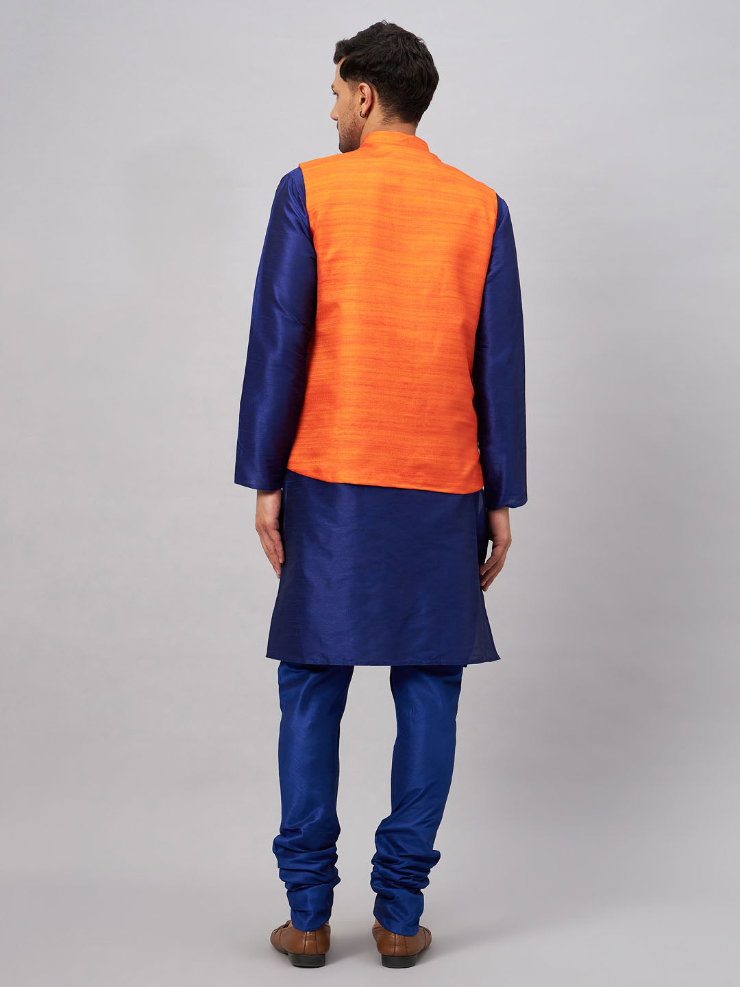 VASTRAMAY Men's Orange Jacket With Blue Solid Silk Blend Kurta and Pyjama Set