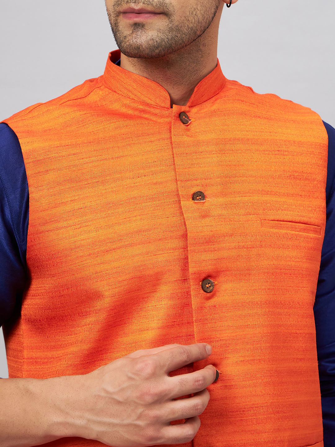 VASTRAMAY Men's Orange Jacket With Blue Solid Silk Blend Kurta and Pyjama Set